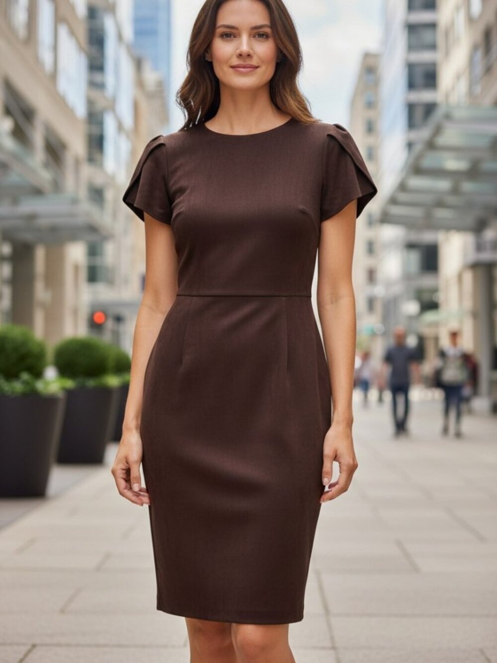 NWT Calvin Klein Chocolate Brown Scuba Faux Suede Tulip Sleeve Sheath Dress 6